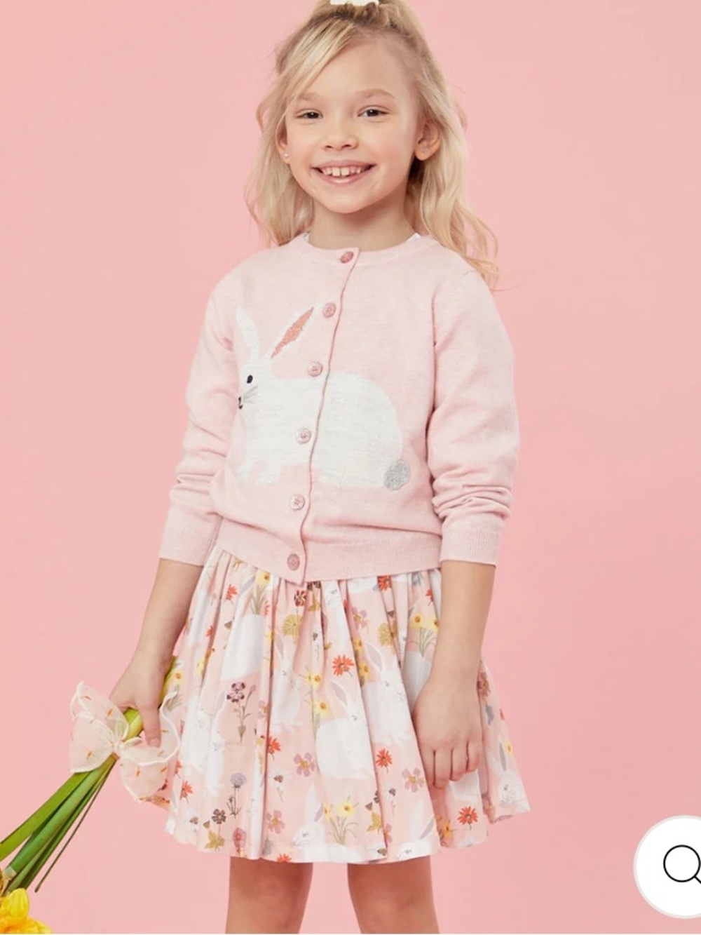 Pink Chicken New York Girls' Pink Floral Bunny Print Skirt and Bunny Sweater